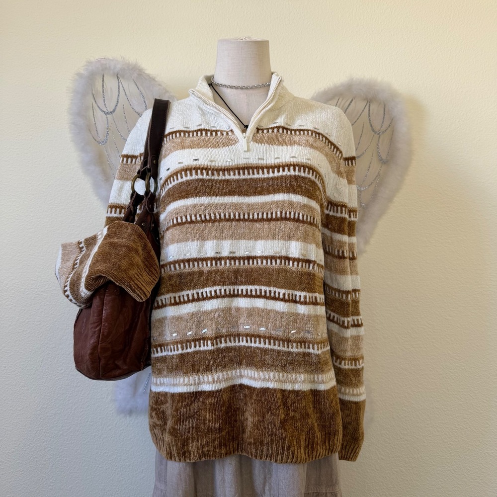 Indie Grunge Granola Girl Brown White‎ Striped Quarter Zip Chenille Sweater Cozy